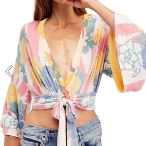 Free People Pastel Floral Tie-Front Blouse in Pink, Yellow, Blue